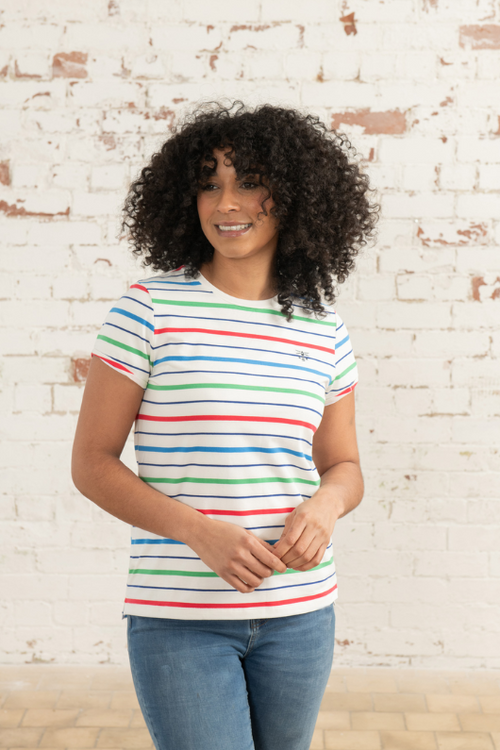 Lighthouse Causeway T-Shirt. A short sleeve t-shirt with a scoop neckline, a curved hem and a green, blue and red striped design