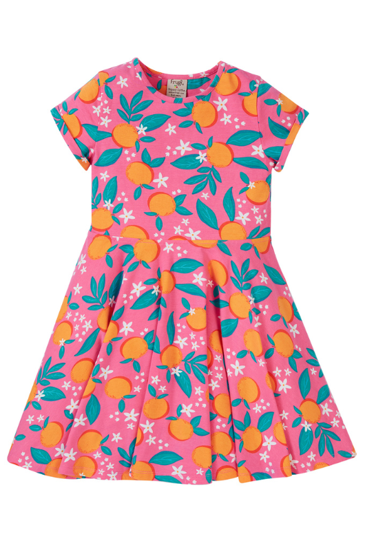 Frugi Summer Skater Dress. A short sleeve dress with round neckline, full skirt, and all over pink orange blossom print.