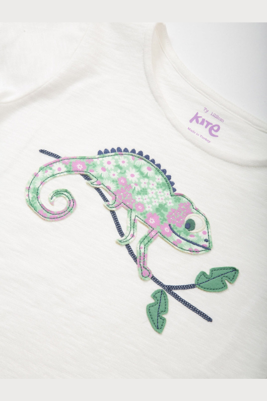 Kite T-Shirt. A short sleeve, round neck T-shirt. This top is white and has a chameleon applique.