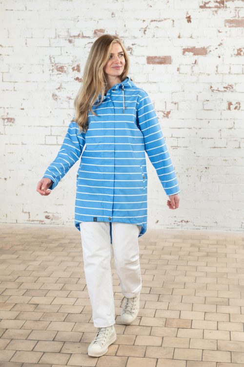 Lighthouse Beachcomber Long Coat. A windproof & waterproof jacket with a soft jersey lining, two-way zip, adjustable hood and a fun blue & white stripe design.