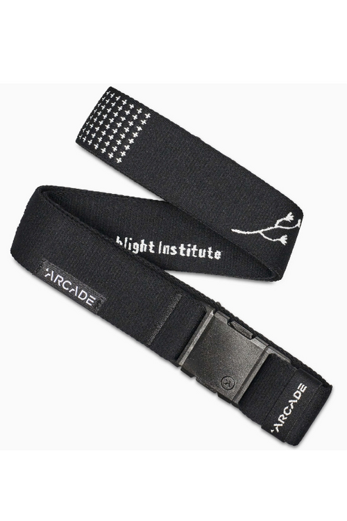 Arcade Belts Charmer. A stretch belt with adjustable buckle and black and white graphic design.