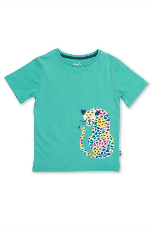 Kite T-Shirt. A short sleeve, round neck T-shirt. This top is green and has a leopard applique.