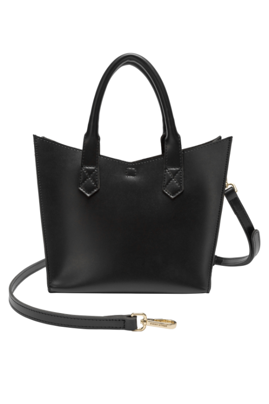 Every Other Twin Strap Grab Bag. A black faux leather bag with top handles, crossbody strap and removable pouch.