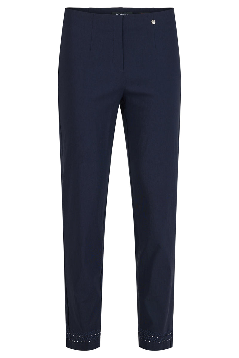 Oui Marie Trouser- Diamante Hem. A pair of navy straight leg trousers with diamante hems. 