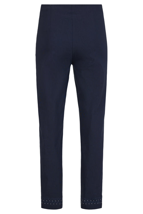 Oui Marie Trouser- Diamante Hem. A pair of navy straight leg trousers with diamante hems.