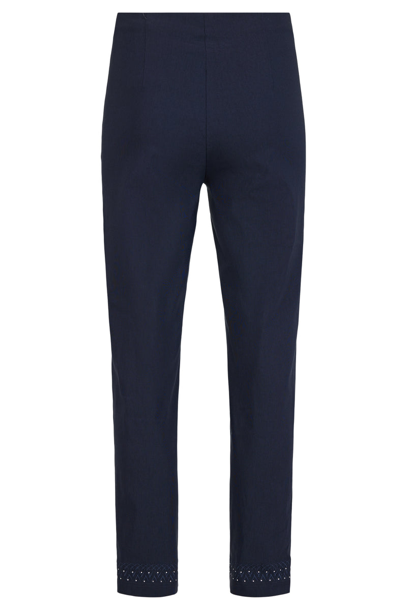 Oui Marie Trouser- Diamante Hem. A pair of navy straight leg trousers with diamante hems.