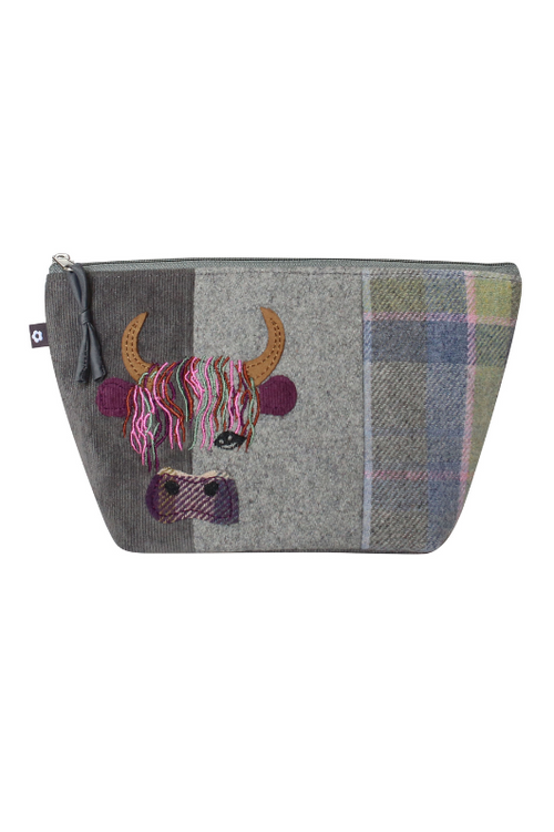 Earth Squared Applique Makeup Bag. A tweed makeup bag featuring a cow applique. 