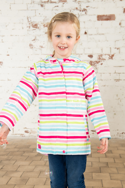 Lighthouse Olivia Jacket. A lightweight, waterproof kids coat with a soft jersey lining, two front pockets, a zip-up front, and a cute multi-colour stripe design.