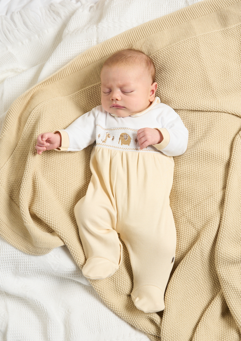 An image of the Dandelion Clothing Jungle Friends Cotton Smocked Sleepsuit
