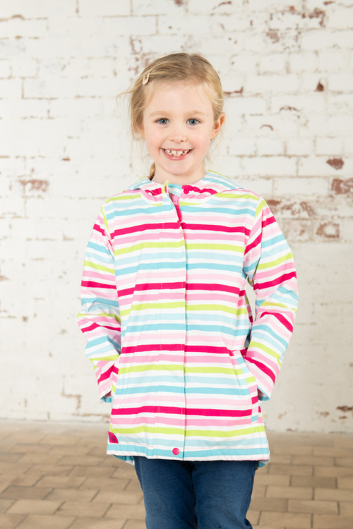 Lighthouse Olivia Jacket. A lightweight, waterproof kids coat with a soft jersey lining, two front pockets, a zip-up front, and a cute multi-colour stripe design.