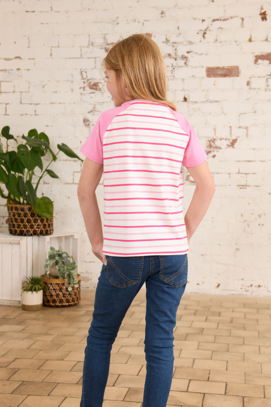 Lighthouse Causeway Short Sleeve T-Shirt. A cotton, kids tee with a crew neck, striped design, and a pink tractor print.