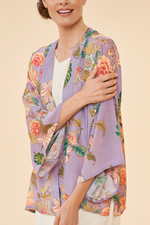 Powder Kimono Jacket. A hip-length, open style jacket with a purple floral print