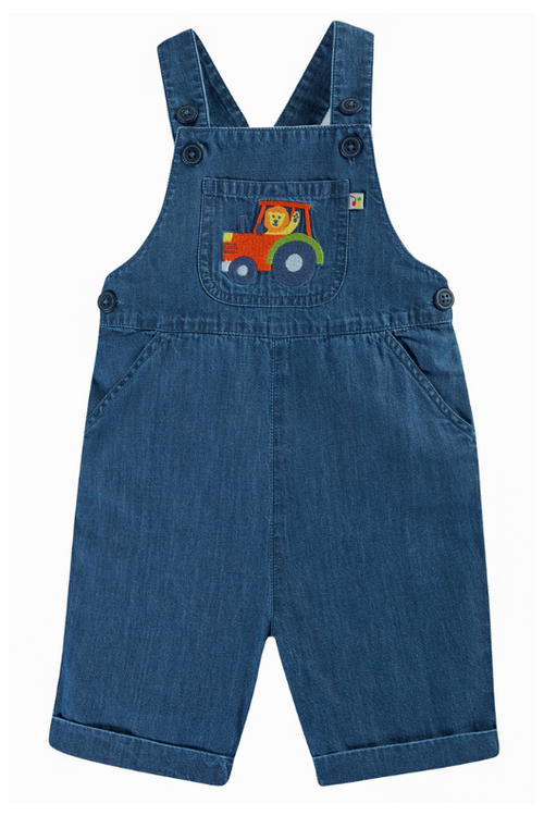 Frugi Carnkie Dungarees. A pair of blue denim dungarees with adjustable shoulder straps, elasticated waistband, and applique on the front pocket.