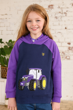 Lighthouse Jill Hoodie. A girls hooded jumper with a kangaroo pocket, purple sleeves & hood, and a fun purple tractor design on the front.