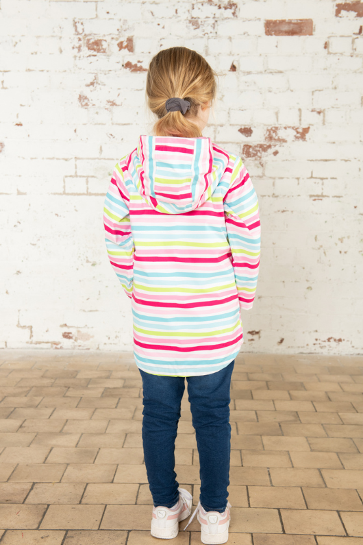 Lighthouse Olivia Jacket. A lightweight, waterproof kids coat with a soft jersey lining, two front pockets, a zip-up front, and a cute multi-colour stripe design.