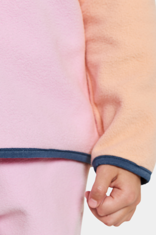 Didriksons Monte 3 Button Fleece. A girls mid-layer sweater in a pink and orange design and a button placket, elastic binding on the sleeve and a thermal, microfleece finish.