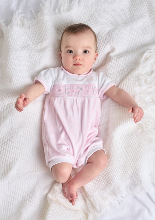 An image of the Dandelion Bunny & Flower Smocked Romper