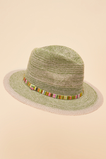 Powder Natalie Hat. A chic cotton & polyester hat in a light green colour with a multicolour band
