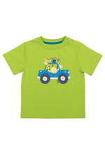 Kite T-Shirt. A short sleeve, round neck T-shirt with poppers and green safari animal print.