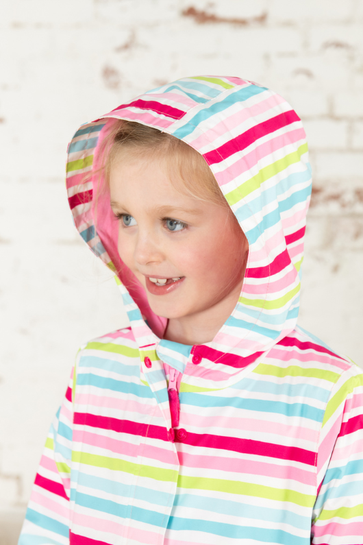 Lighthouse Olivia Jacket. A lightweight, waterproof kids coat with a soft jersey lining, two front pockets, a zip-up front, and a cute multi-colour stripe design.