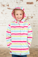 Lighthouse Olivia Jacket. A lightweight, waterproof kids coat with a soft jersey lining, two front pockets, a zip-up front, and a cute multi-colour stripe design.