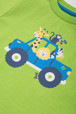 Kite T-Shirt. A short sleeve, round neck T-shirt with poppers and green safari animal print.