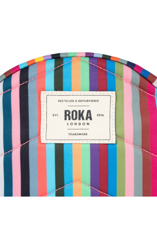 An image of the Roka London Paddington Multi Stripe Recycled Canvas Crossbody Shoulder Bag.