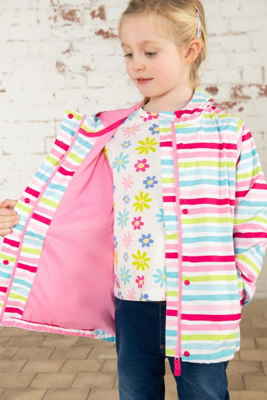 Lighthouse Olivia Jacket. A lightweight, waterproof kids coat with a soft jersey lining, two front pockets, a zip-up front, and a cute multi-colour stripe design.