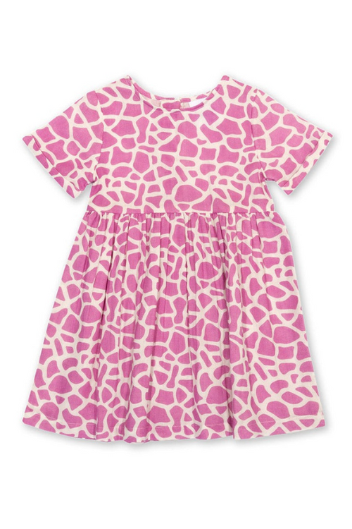 Kite Dress. A floaty pink giraffe print dress with short sleeves and round neckline.