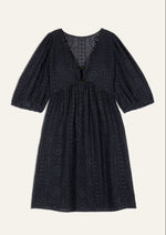 BA&SH Brancia Dress. A marine blue flared dress with short balloon sleeves and V-neckline with rectangular cut out.