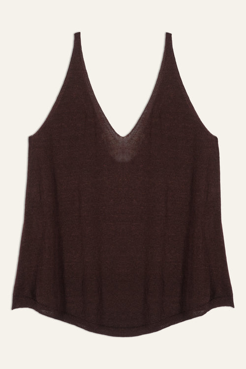 BA&SH Dalil Sleeveless Top. A sleeveless V-neck top in a chocolate brown colour.