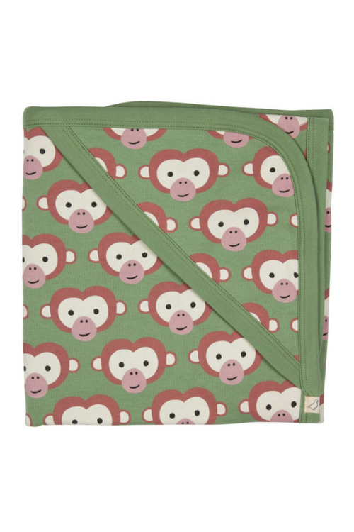 Pigeon Organics Hooded Blanket. A soft, double thickness blanket with green monkey print.