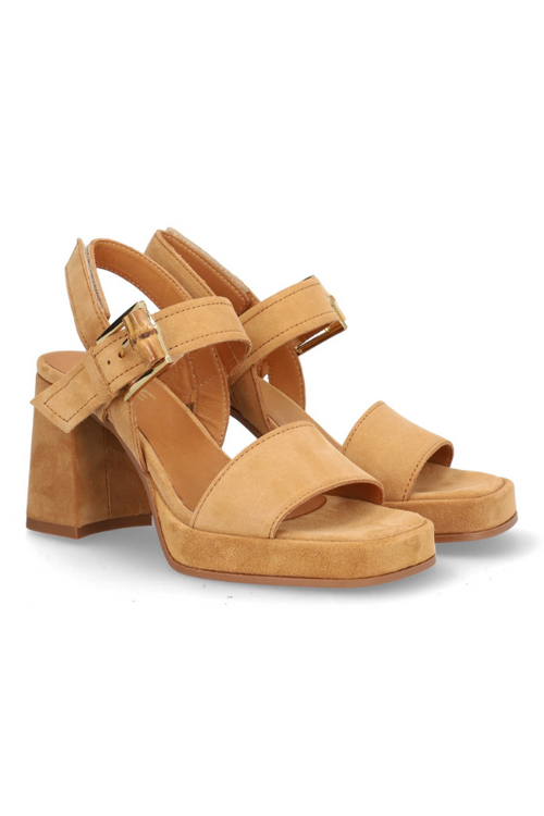 Alpe Platform Sandal. A tan, block heel sandal with an open toe, thick buckle strap fastening, and a chic suede finish