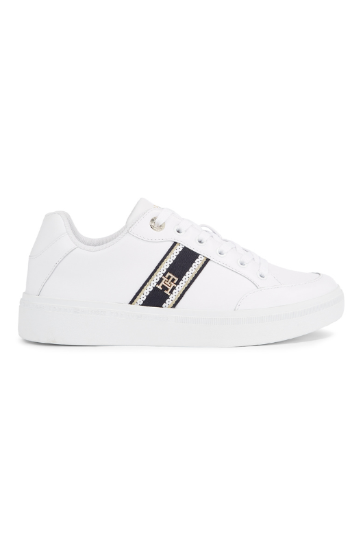 An image of the Tommy Hilfiger Webbing Leather Court Trainers in the colour White.