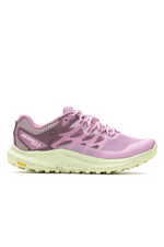 Merrell Antora 3 Goretex Trainer. A trail running shoe with breathable mesh, a padded collar, and a fun green sole with a purple upper