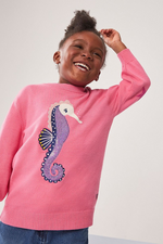 An image of a girl model wearing the Crew Clothing Seahorse Jumper in the colour Pink.