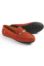 Fairfax & Favor Trinity Suede Loafer. A pair of suede loafers in the colour Sunset Orange, featuring gold hardware and black nubbed sole.