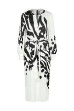 Marc Cain Dress. A relaxed fit, midi dress with long sleeves, a tie belt at the waist and a chic black & white print