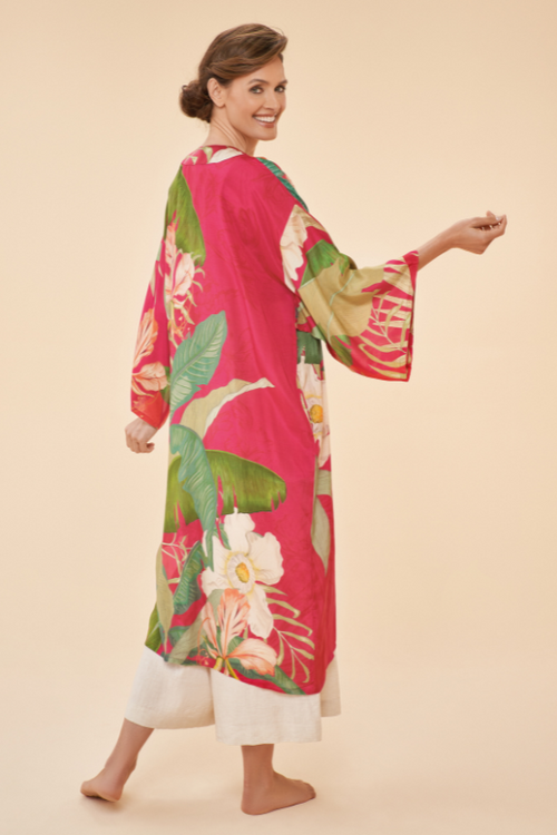 Powder Tropical Kimono Gown. A sophisticated, long-length gown with a red floral print