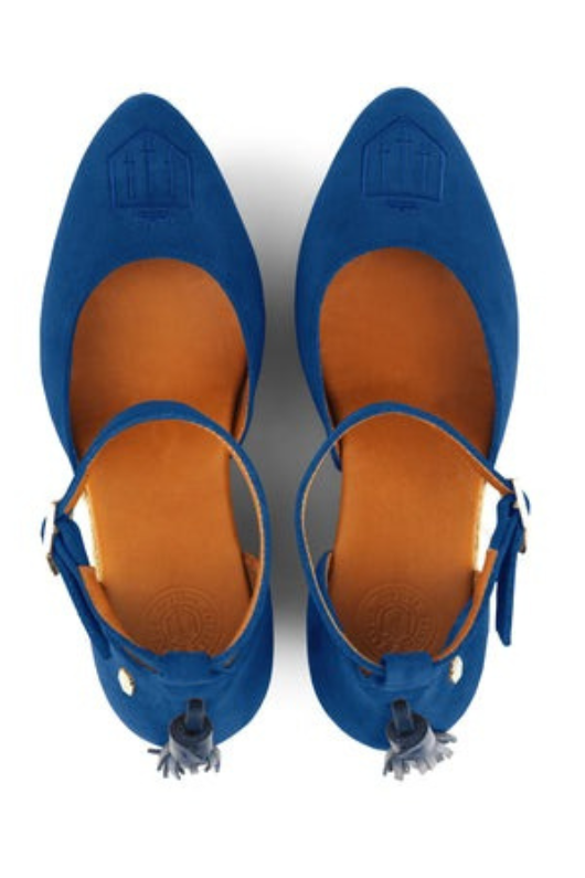 Fairfax & Favor Monaco Wedge Sandal. A pair of Porto Blue coloured sandals with tonal embroidered toe, tassel detail, wedge heel, and espadrille style sole.