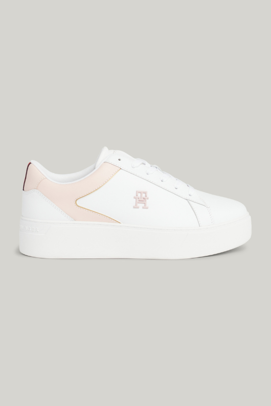 An image of the Tommy Hilfiger Leather Platform Court Trainers in the colour White/Whimsy Pink.