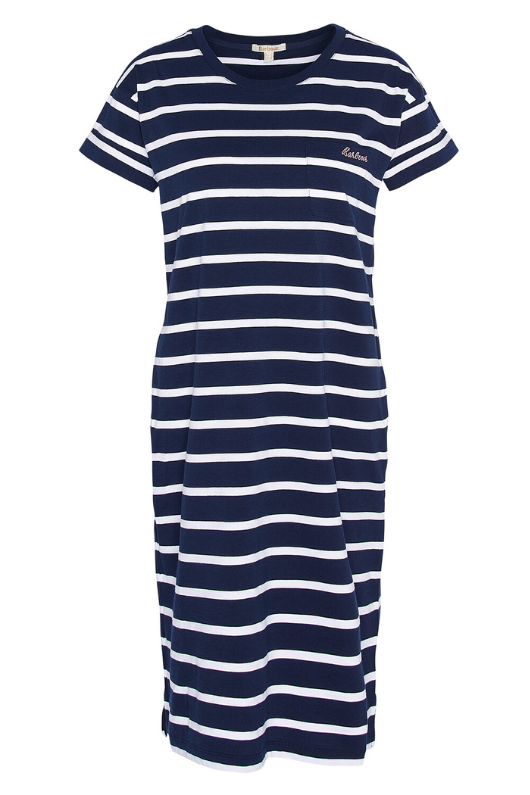 An image of the Barbour Otterburn Striped Midi Dress in the colour Navy/White.