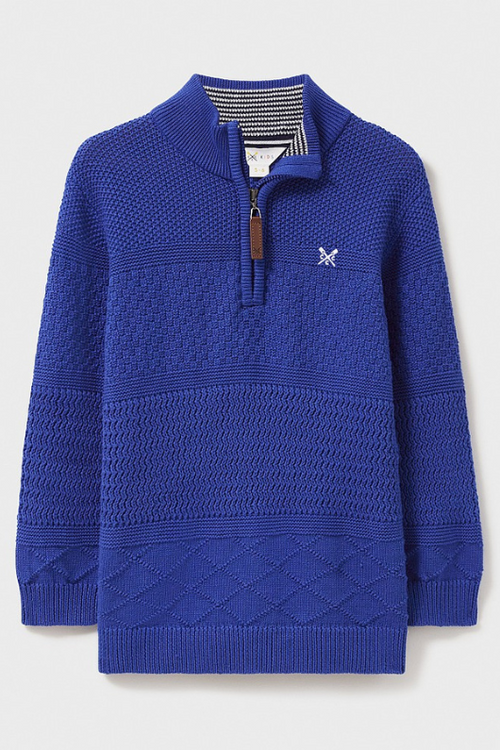 An image of the Crew Clothing Half Zip Jacquard Knit Jumper in the colour Blue.