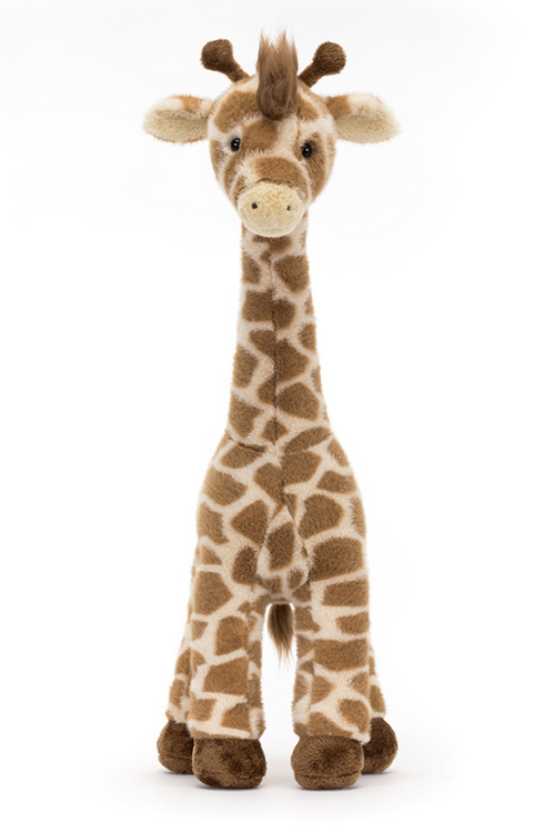 Jellycat Dara Giraffe. A soft toy giraffe with long neck, tall legs, fluffy mane, and happy face.