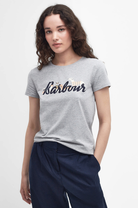 An image of a female model wearing the Barbour Southport T-Shirt in the colour Light Grey Marl.