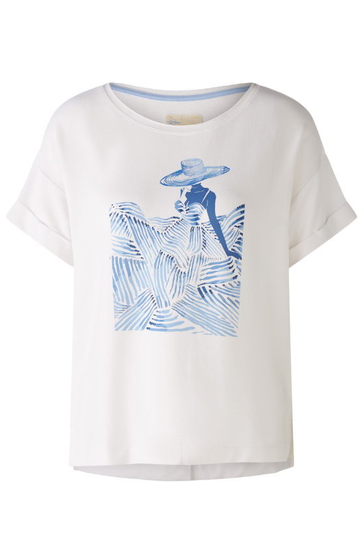 Oui Lady Print T-Shirt. A classic fit white T-shirt with short sleeves and round neckline, featuring a blue motif print of a lady.