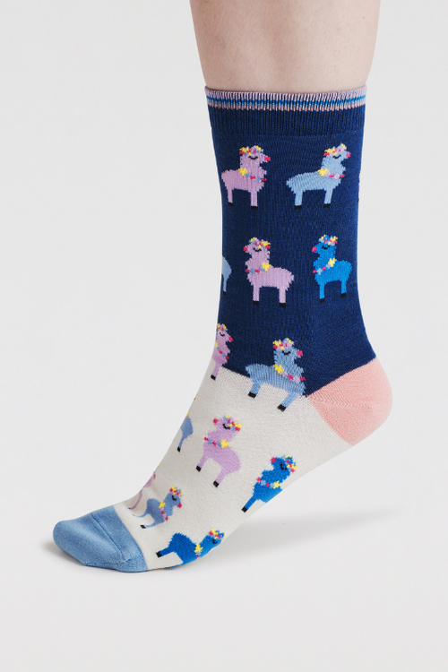 An image of the Thought Clara Rainbow Llama socks in the colour Violet Blue.