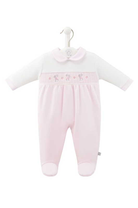 An image of the Dandelion Clothing Bunny & Flower Smocked Sleepsuit
