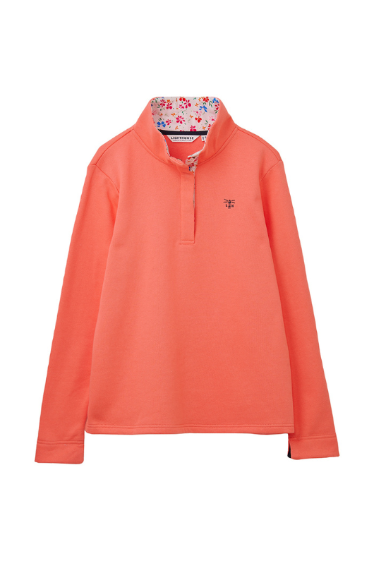 Lighthouse Haven Jersey Sweatshirt. A relaxed fit sweatshirt with a cosy funnel neck with half front popper fastening and a pretty floral lining