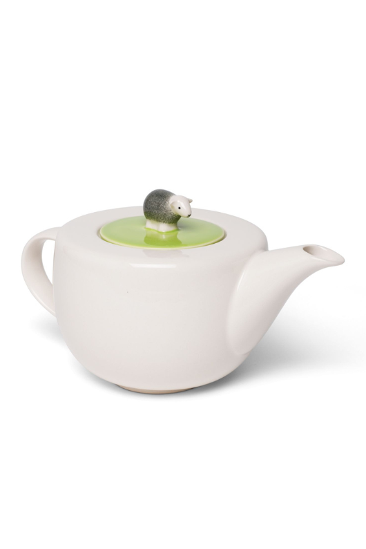 The Herdy Company Teapot in white with a small sheep on the top.